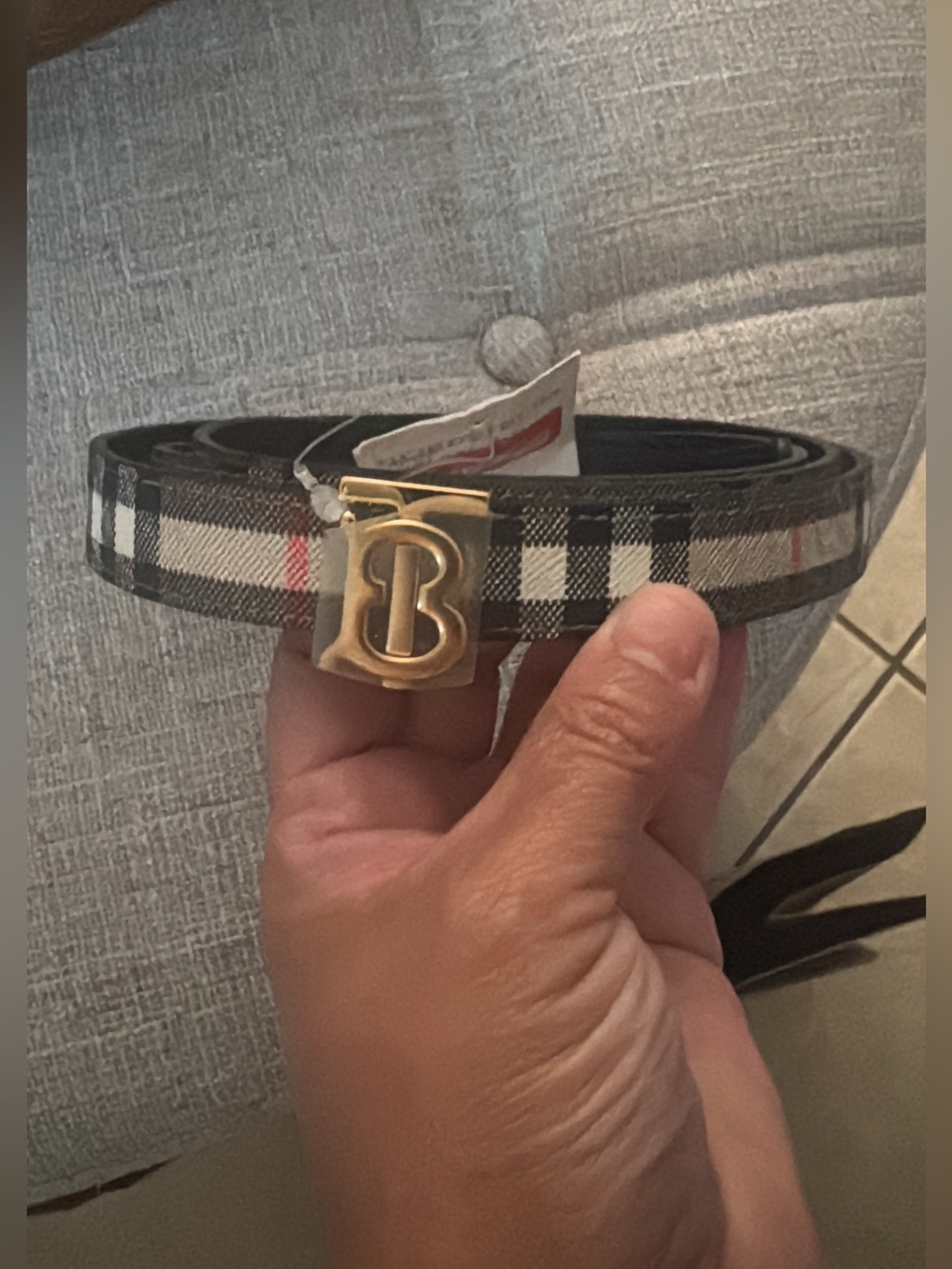 Burberry Black, White & Red Check Belt with Gold TB Initial Buckle